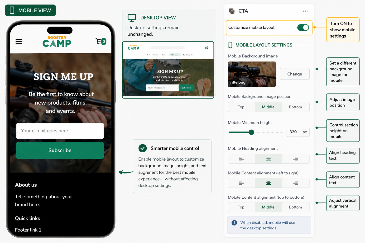 Mobile layout and section controls
