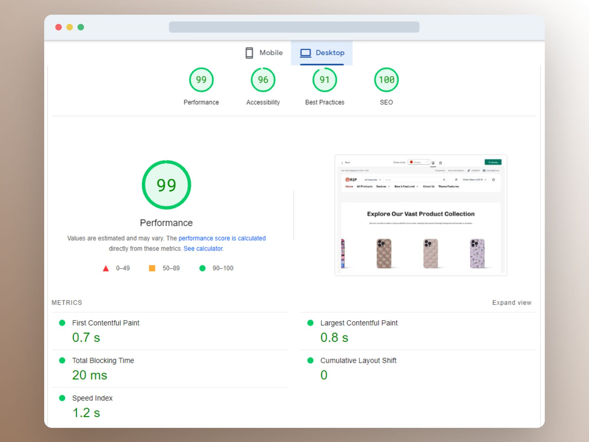 Image showing Shopify's Electro theme performance rating on desktop