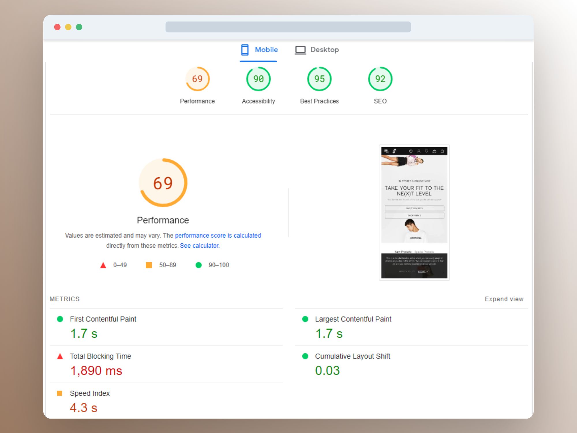 Image showing Shopify's Shella theme performance rating on mobile