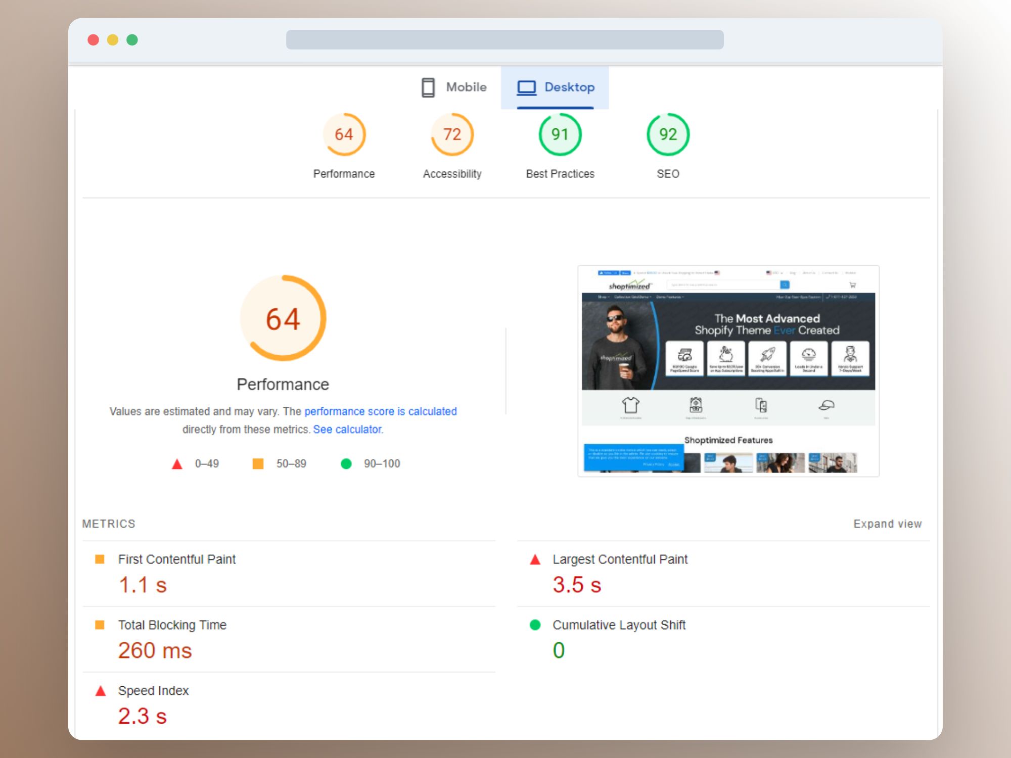 Image showing Shopify's Shoptimized theme performance rating on desktop