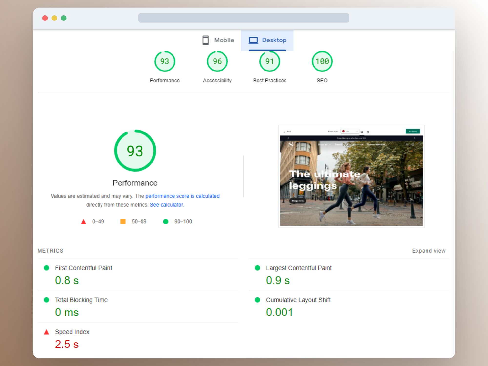Image showing Shopify's Blum theme performance rating on desktop