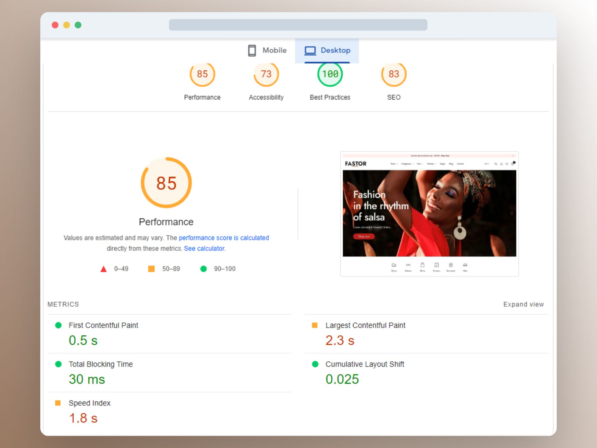 Image showing Shopify's Fastor theme performance rating on desktop