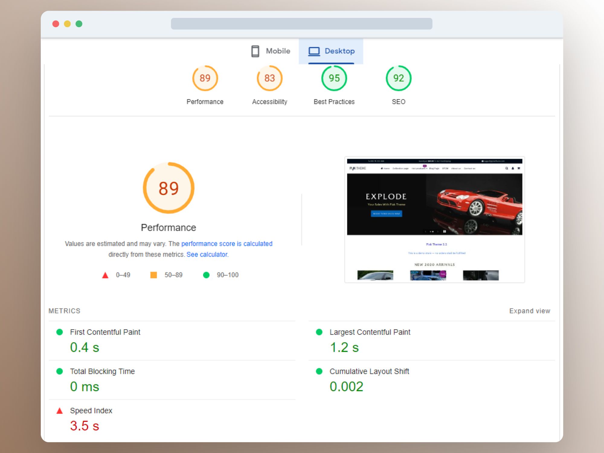 Image showing Shopify's Plak theme performance rating on desktop