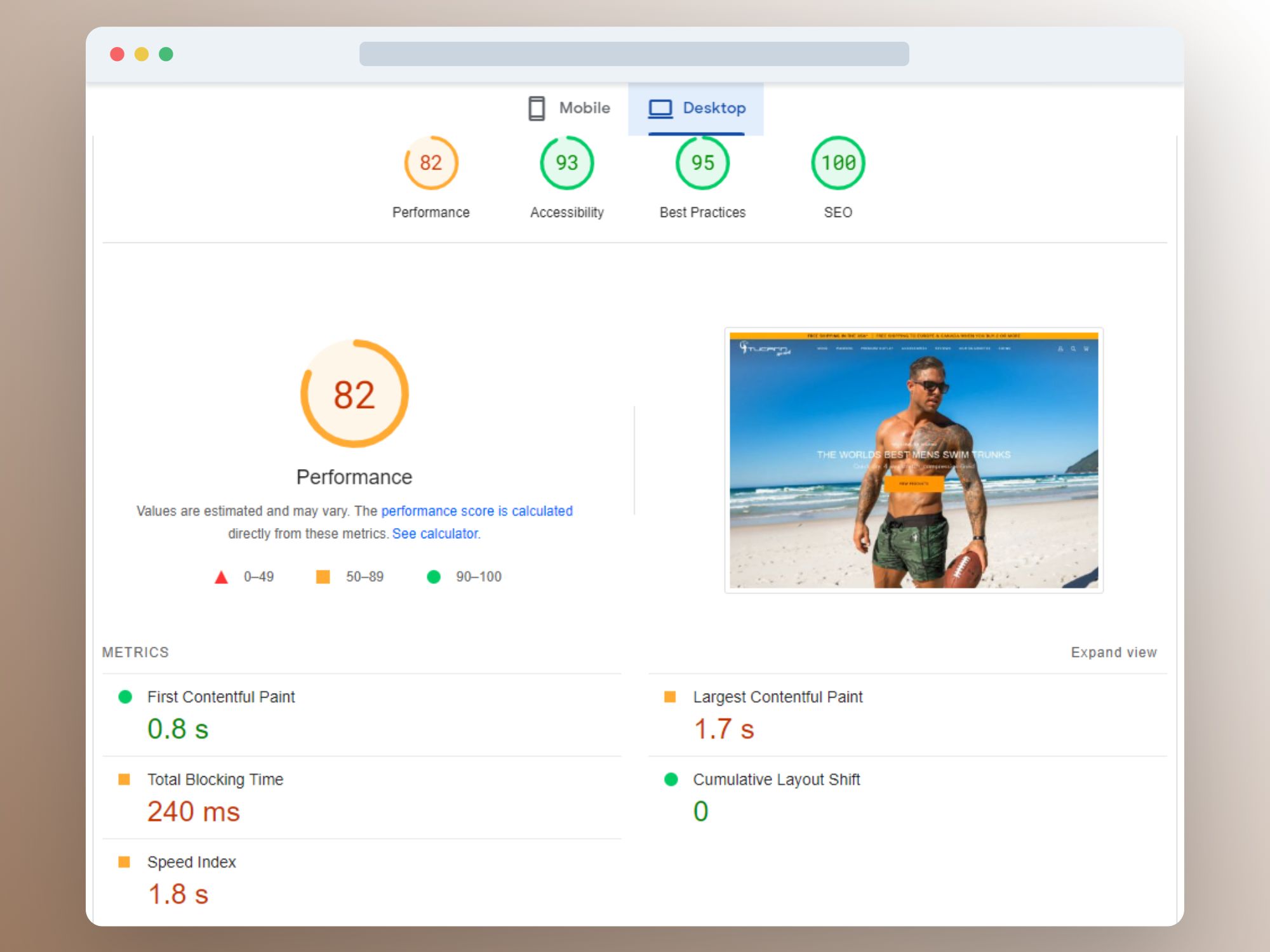 Image showing Shopify's Debutify theme performance rating on desktop