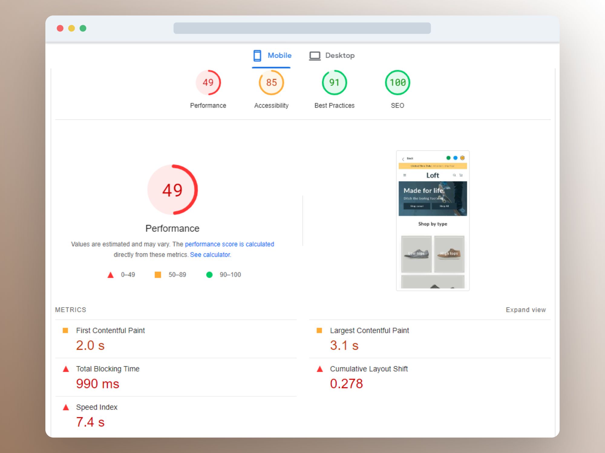 Image showing Shopify's Loft theme performance rating on mobile