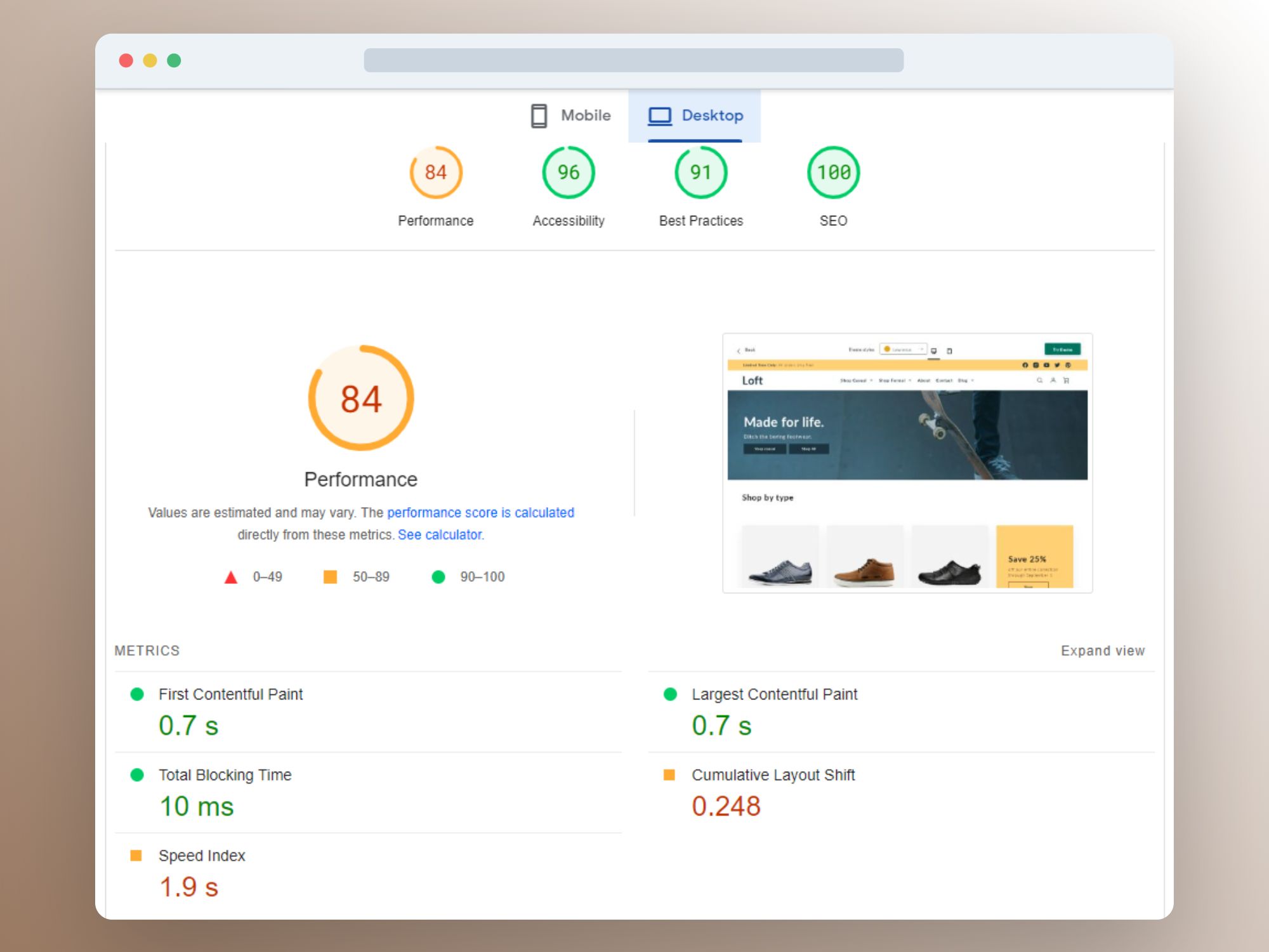 Image showing Shopify's Loft theme performance rating on desktop