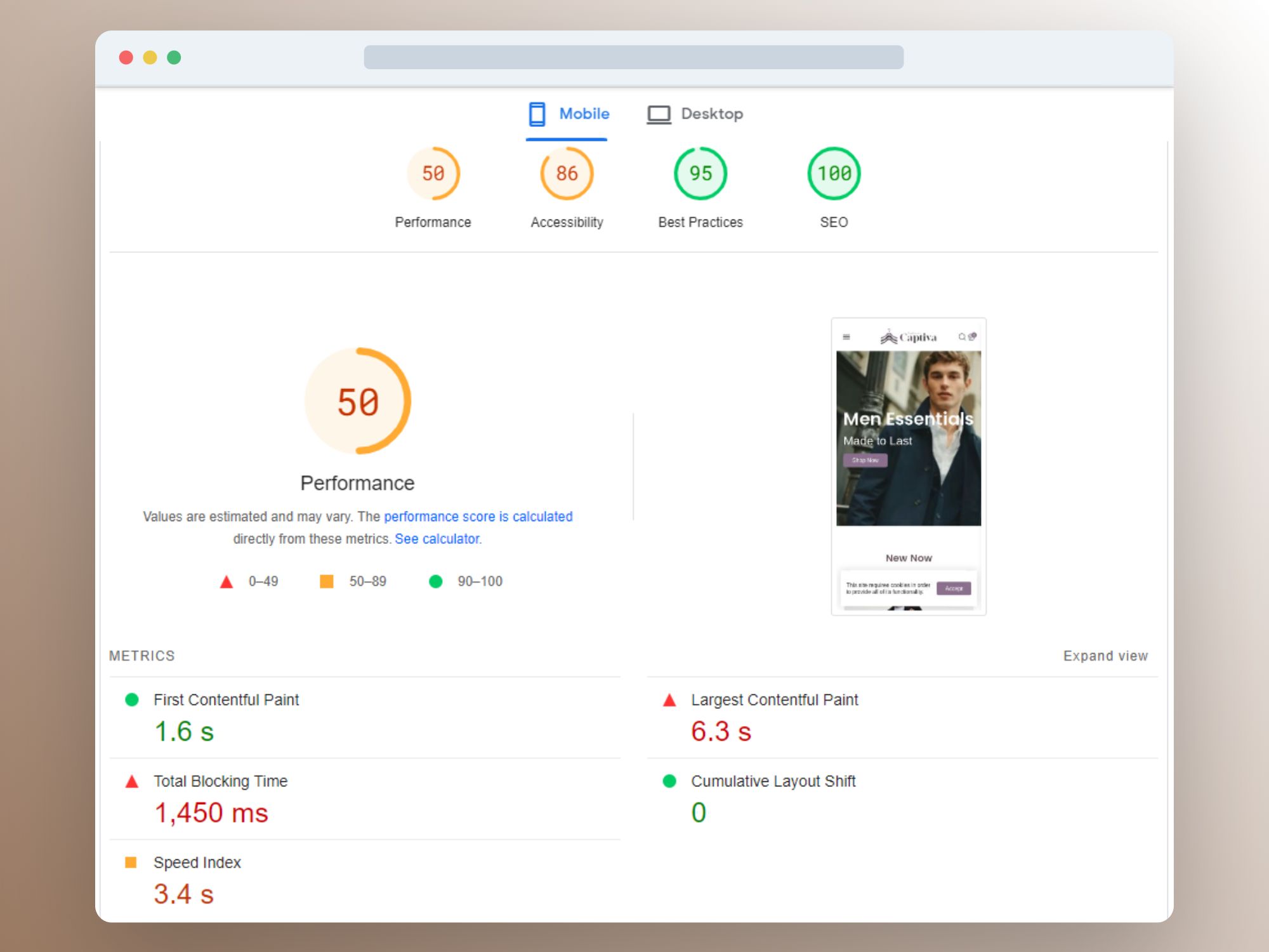 Image showing Shopify's Booster theme's performance rating on mobile