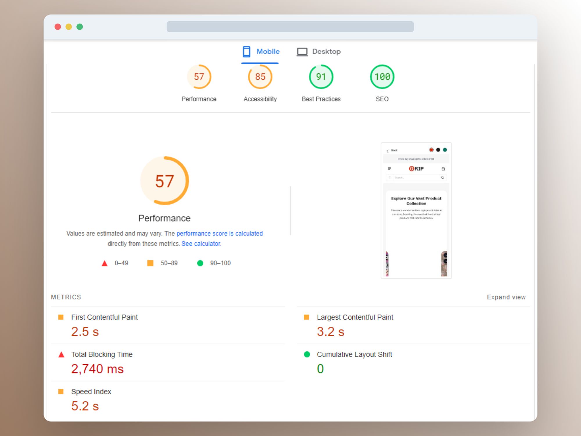 Image showing Shopify's Electro theme performance rating on mobile