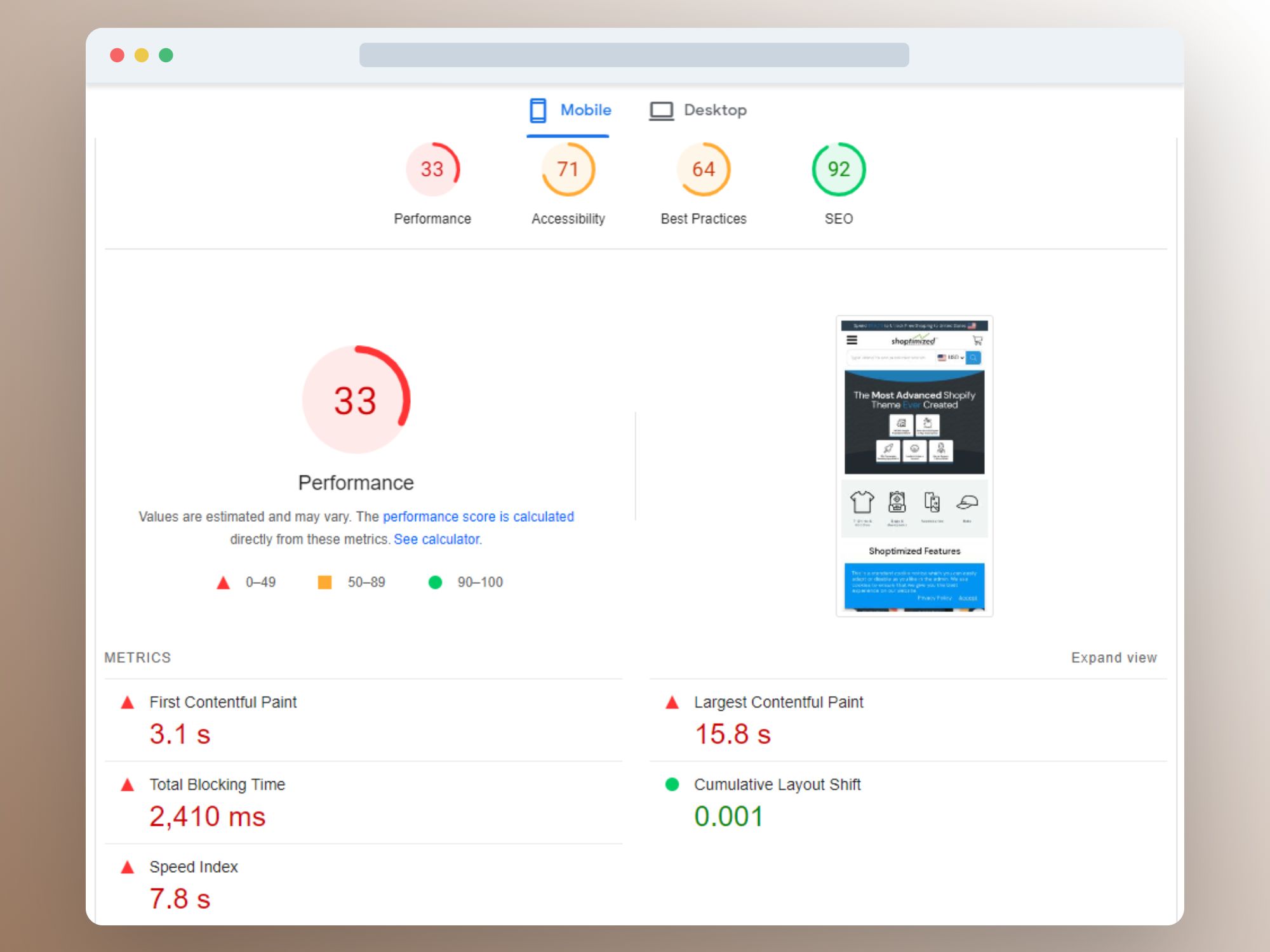 Image showing Shopify's Shoptimized theme performance rating on mobile