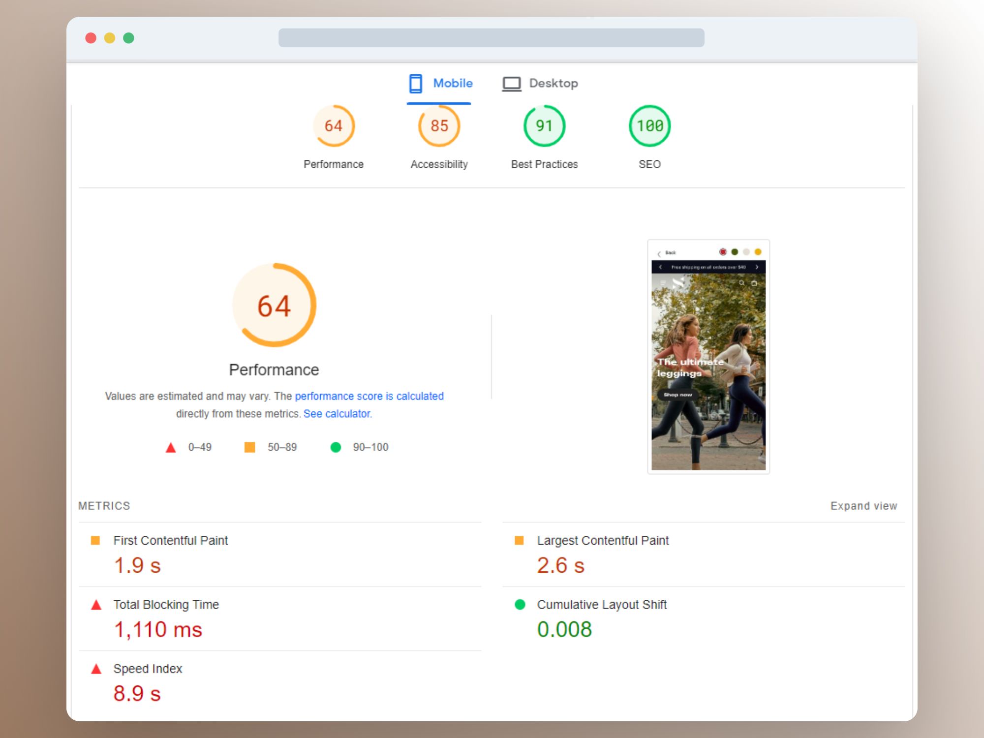 Image showing Shopify's Blum theme performance rating on mobile