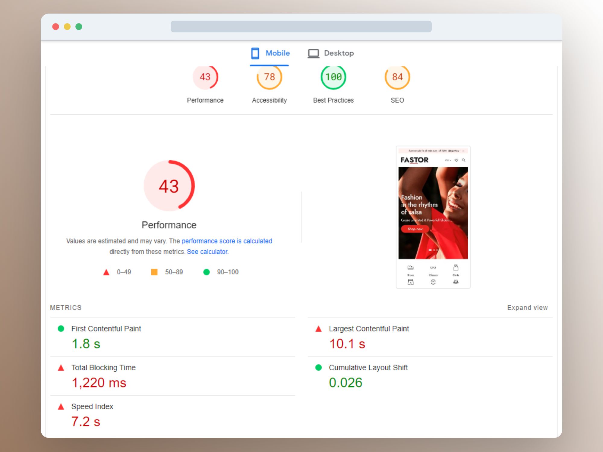 Image showing Shopify's Fastor theme performance rating on mobile