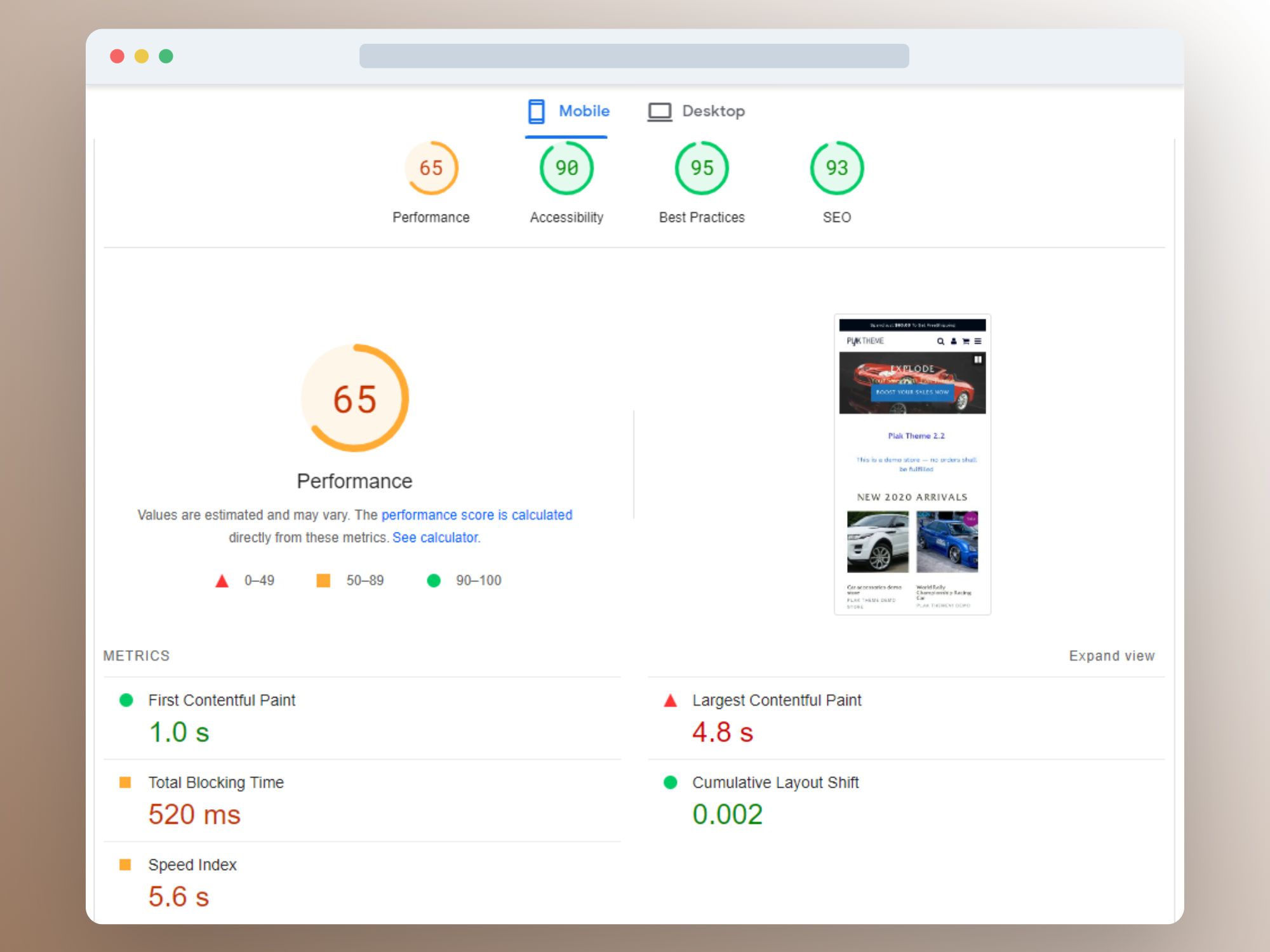 Image showing Shopify's Plak theme performance rating on mobile
