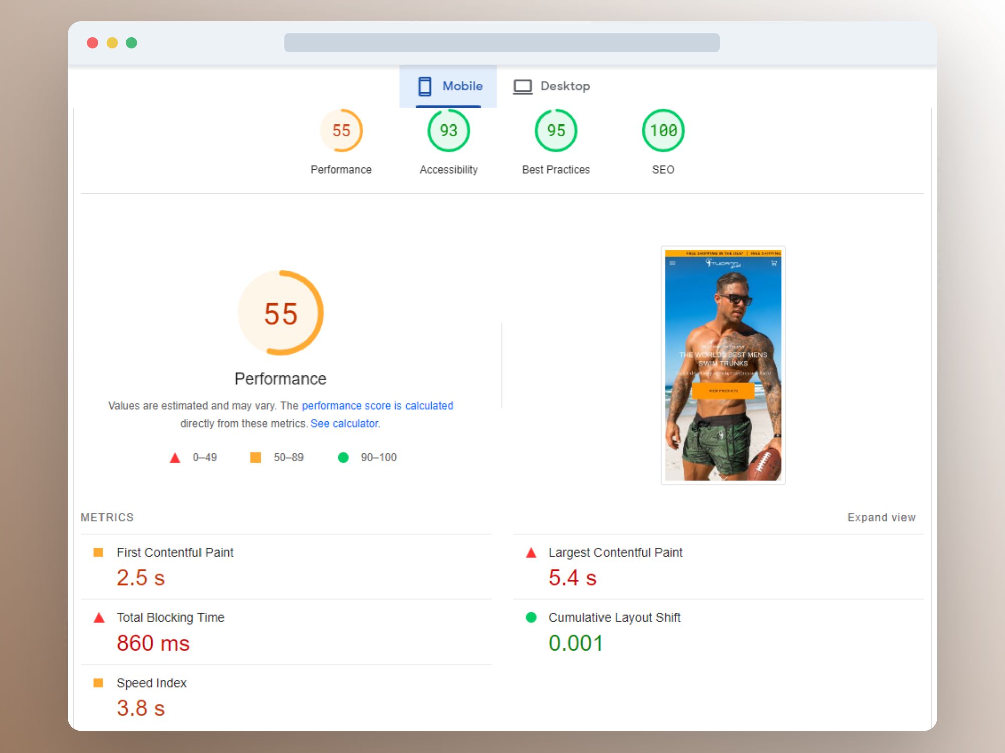 Image showing Shopify's Debutify theme performance rating on mobile
